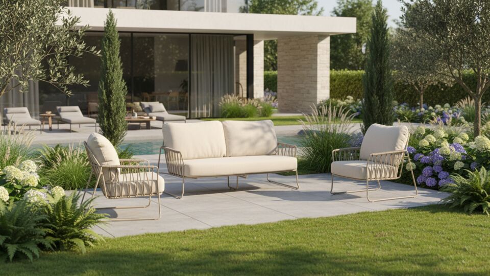 Alu Lounge Rivera Sofa Set Champagne Frame Met Navajo White Sneldrogende Kussen main product photo