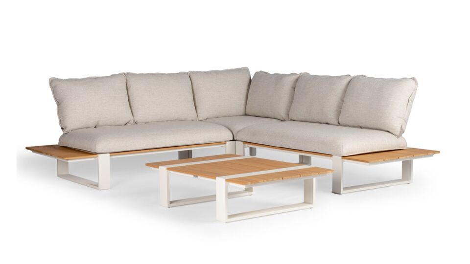 Alu Lounge Seto Hoeklounge Alu Creme White Frame + Teak Top Met AW Kussens Dove Olefin main product photo