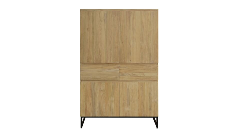 Modena Barschrank 100 cm mit 4 Drehtüren und 2 Schubladen, Teakholz hell gebürstet – Diamond Collection main product photo