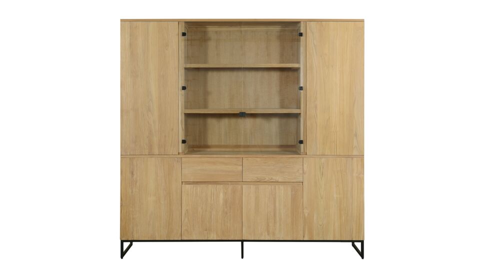 Modena Display Cabinet With 6 Hinged Doors and 2 Glass Doors and 2 Drawers 200cm x 47cm x H198cm Teak Light Brushed main product photo