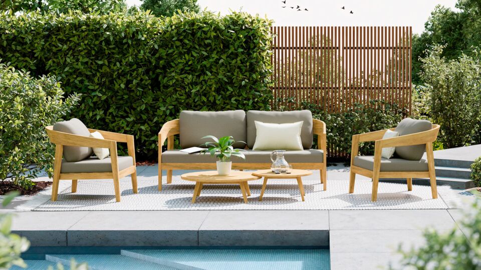 Singapore Lounge Set 4-piece Acacia Light Teak - Cushions Serval Light Brown Olefin 370 - Luxury Lounge main product photo