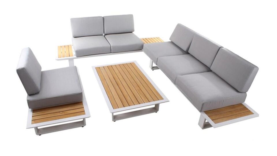 Alu Dyna Lounge-Set Alu Weiß mit Teakholzplatte + grauen QDF-Sitz- und Rückenkissen, 286 cm x 230 cm x H78 cm main product photo