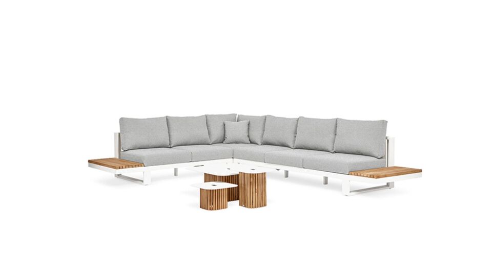 Savona Corner Lounge 4-Piece Alu White + Teak Natural and Fontelina Soft Gray Mixed Cushions Water Repellent main product photo