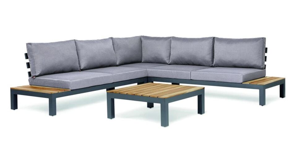 Salon d'Angle Vienna 4 Pièces Avec Plateau Teck Alu Royal Gris Mat + Coussins Gris Poivre Déperlant main product photo