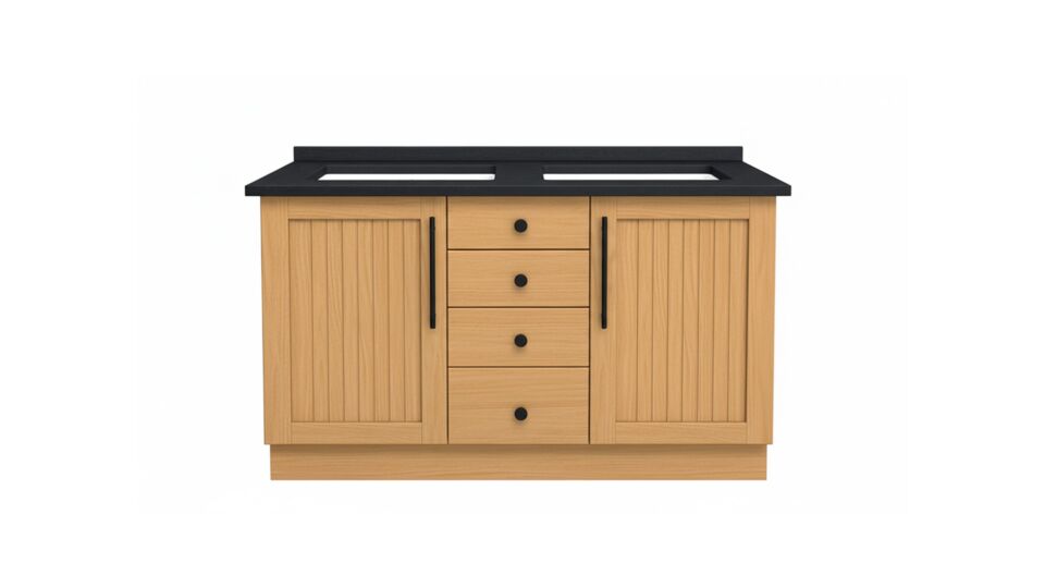 Meuble de salle de bain en teck New Cannes 125 cm avec granit noir mat et poignées noires main product photo