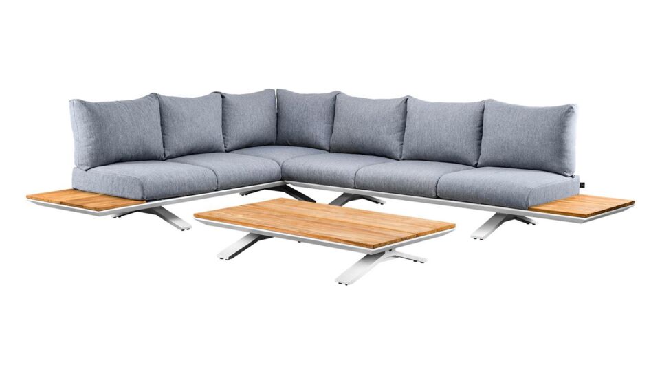 Stockholm Ecklounge-Set, 3-teilig, Alu-weiße Matte mit Teakholzplatte + wasserabweisende Fontelina Soft Grey Mixed Wave-Kissen main product photo