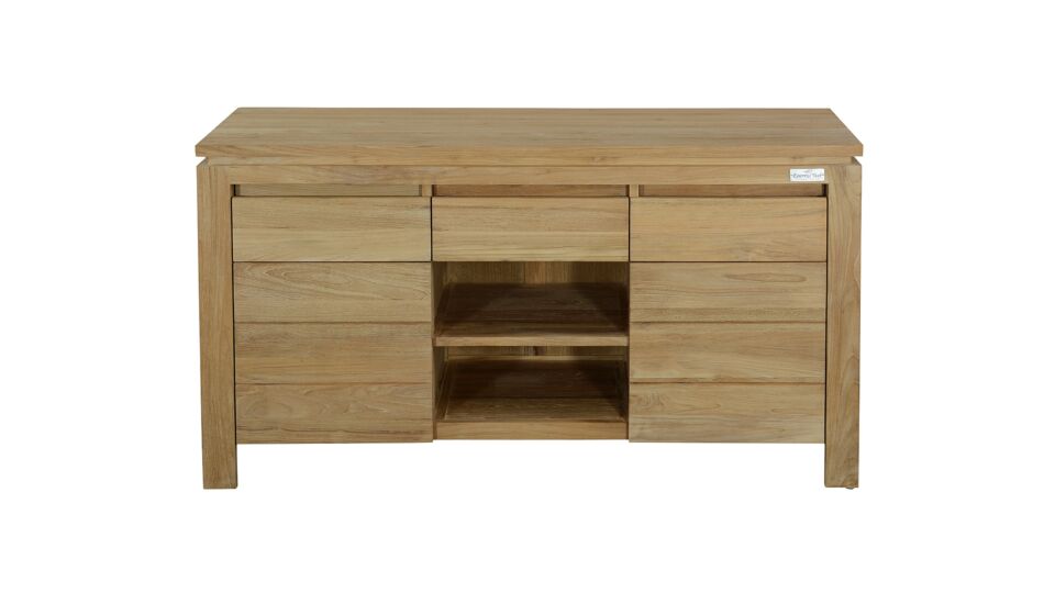 Meuble de salle de bain en teck New Toulouse 140 cm sans poignée, 2 portes tournantes + 3 tiroirs, plateau entièrement en teck main product photo