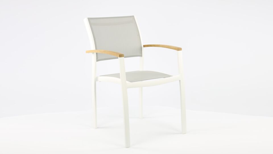 Chaise empilable alu Namur blanc mat - Textilène gris clair + accoudoir en teck main product photo