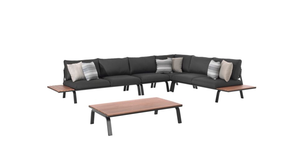 Ensemble de salon Alu Figaro noir mat avec plateau en teck + corde noire avec coussins couleur gris foncé oléfine main product photo