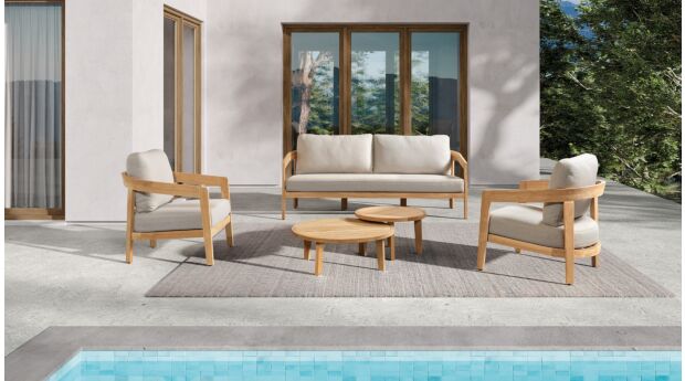 Salon en teck Laval 2x1 place + 1x2 places + Ensemble/2 Tables Basses - Coussins Sunproof Gris Clair main product photo