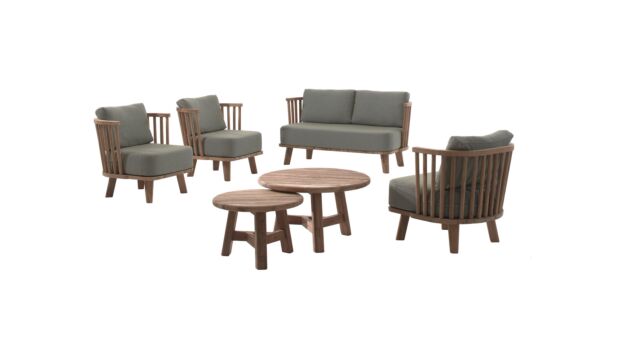 Ensemble de salon en teck Casablanca 1x2 places + 2x1 place + S/2 tables basses Recup Teck avec coussins d'assise et de dossier Sunbrella Heritage Papyrus - Quickdry main product photo