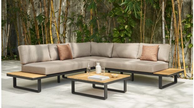 Napels Corner Lounge 3-piece - Alu Frame Black + Acacia Top Teak Look - Cushions Light Brown Olefin 240 main product photo