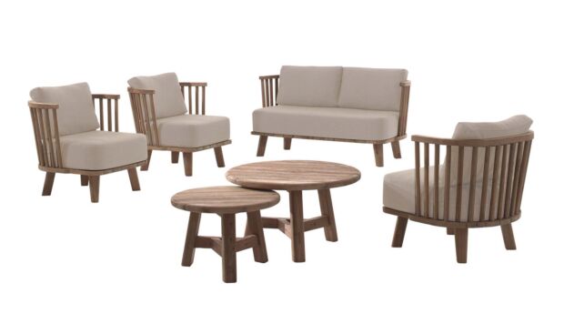 Ensemble de salon en teck Casablanca 1x2 places + 2x1 place + S/2 tables basses Recup Teck avec coussins d'assise et de dossier Sunbrella Heritage Papyrus - Quickdry main product photo