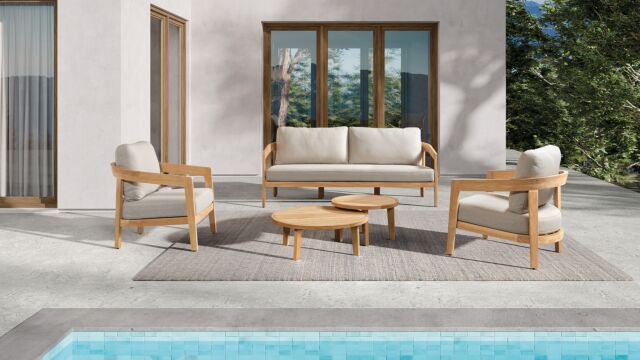 Teak-Lounge-Set Laval 2x1-Sitzer + 1x2-Sitzer + Set/2 Couchtische - Kissen sonnenbeständig hellgrau