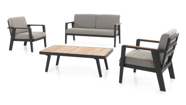 Ensemble Lounge Guadeloupe Alu/Teck 1x 2 Places + 2 x 1 Place + Table Basse Charbon Mat Alu - Coussins Jute