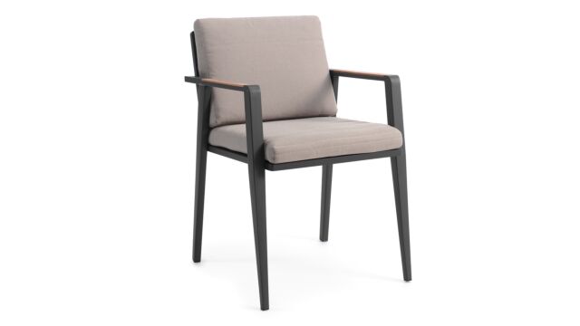 Chaise de jardin Alu Antibes Charbon Mat Alu + Coussin Jute Assise et Dossier Avec Accoudoir Teck