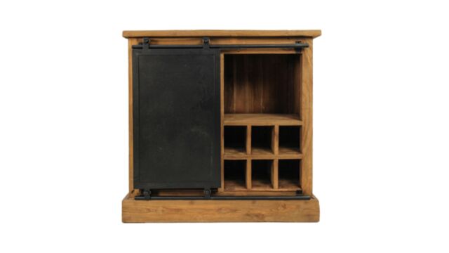 Cave à vin Signature en bois avec 1 porte en métal et 6 compartiments à vin 90 cm x 43 cm x H 90 cm Teck vintage