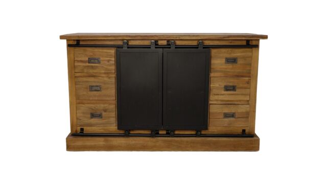 Wood Signature Dressoir Met 6 Laden en 2 Metaaldeuren 180cm x 50cm x H85cm Vintage Teak