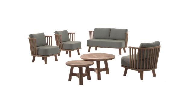 Ensemble de salon en teck Casablanca 1x2 places + 2x1 place + S/2 tables basses Recup Teck avec coussins d'assise et de dossier Sunbrella Heritage Leaf - Quickdry