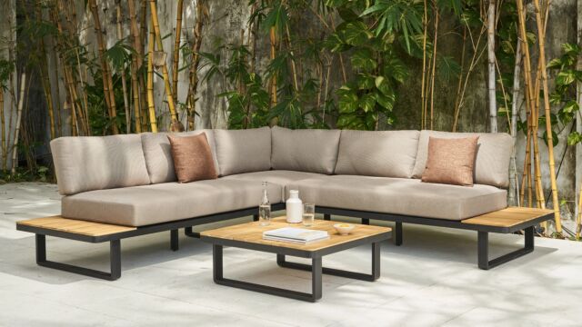Napels Corner Lounge 3-teilig – Alu-Rahmen schwarz + Akazienplatte in Teak-Optik – Kissen hellbraunes Olefin 240
