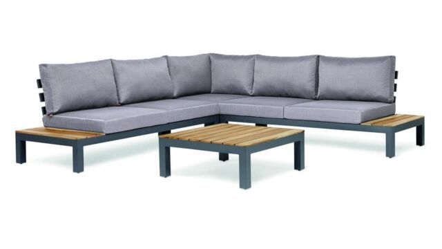 Vienna Corner Lounge Set 4-piece With Teak Top Alu Royal Gray Mat + Pepper Gray Cushions Water Repellent