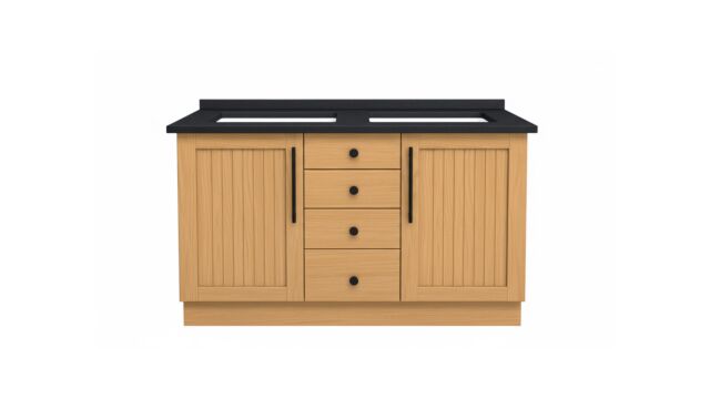 Teakholz-Badezimmermöbel New Cannes 125 cm mit mattschwarzem Granit und schwarzen Griffen