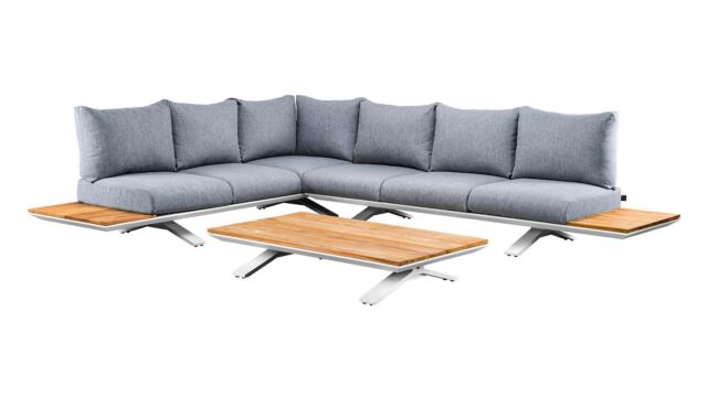 Stockholm Corner Lounge Set 3-piece Alu White Mat With Teak Top + Fontelina Soft Gray Mixed Wave Cushions Water Repellent