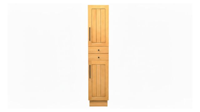 Teakholz-Säulenschrank New Cannes mit 2 Schubladen, Rechtsöffnung und schwarzen Griffen