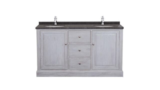 Badkamermeubel Retro Grey 150cm Met Laden + 2 Onderbouw Ovale Waskommen + Blauwe Hardsteen