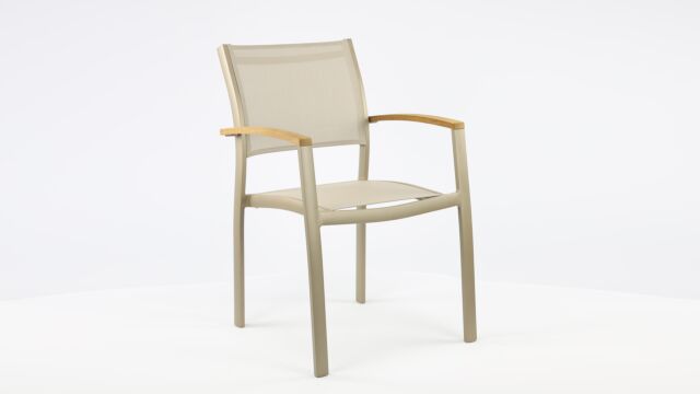 Alu Stapelstuhl Namur Champagner Matt - Light Taupe Textilene + Teak Armlehne
