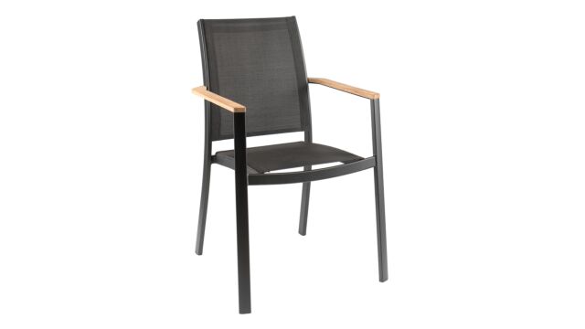 Alu-Stapelstuhl Bilbao Schwarz Matt Alu + Schwarz Textilene + Teak Armlehne