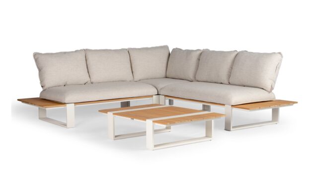Alu Lounge Seto Hoeklounge Alu Creme White Frame + Teak Top Met AW Kussens Dove Olefin