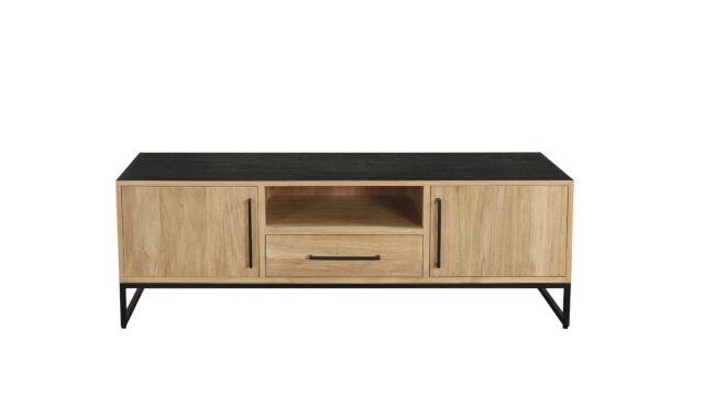 Meuble TV Inca avec 2 portes tournantes et 1 tiroir + niche 150 cm x 50 cm x H50 cm Teck clair brossé
