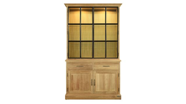 Klassische Vitrine aus Teakholz, 130 cm, 2 Drehtüren aus Metall + LED-Beleuchtung, Classic-Line Diamond Collection