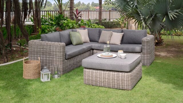 Brava Korb-Lounge-Eckset, weiß verblasstes Grau, 10 mm Korbgeflecht, PE – Serval-Anthrazit-Kissen – Alu-Rahmen, Luxus-Lounge