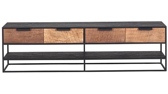 Meuble TV mural Cosmo avec 4 tiroirs, 180 cm x 40 cm x H50 cm, bois de teck récupéré avec cadre en métal noir