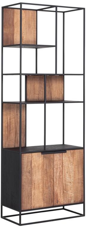 Cosmo TV Wandelement Boekrek 2 Deuren en Open Rek 80cm x 40cm x H220cm Recup Teak Hout Met Zwart Metalen Frame  