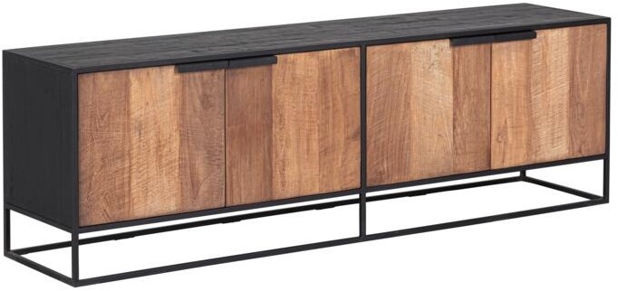 Cosmo TV Wandelement TV-meubel Met 4 Deuren 180cm x 40cm x H56cm Recup Teak Hout Met Zwart Metalen Frame 