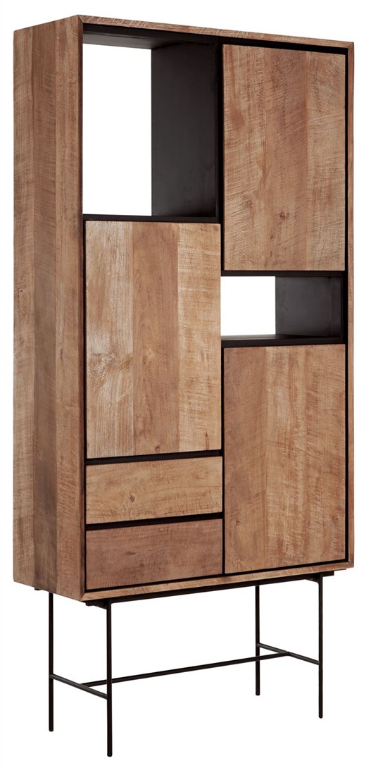 Metropole Wandkast Met 3 Deuren + 2 Laden + 2 Open Vakken 100cm x 40cm x H210cm Recup Teak Hout Met Zwart Metalen Frame 